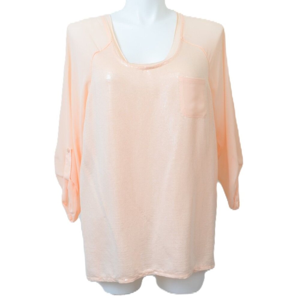Lane Bryant PLUS Size (18/20) 2X‎ Peach Sequins Roll Tab Sleeves Tunic Blouse